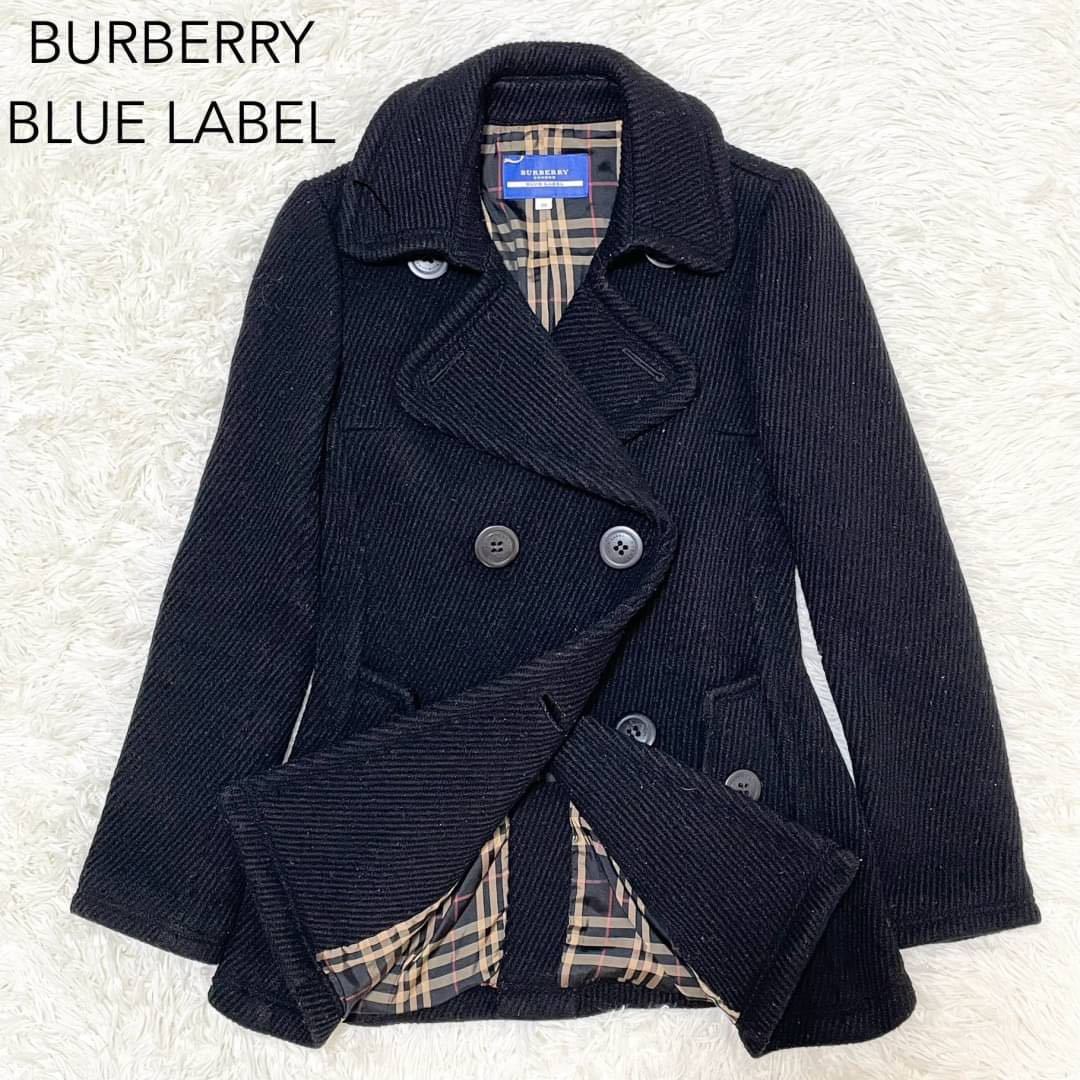 バーバリーブルーレーベル【美品】ピーコート 38 M位 黒 ノバチェック レディース BURBERRY BLUE LABEL ロゴボタン