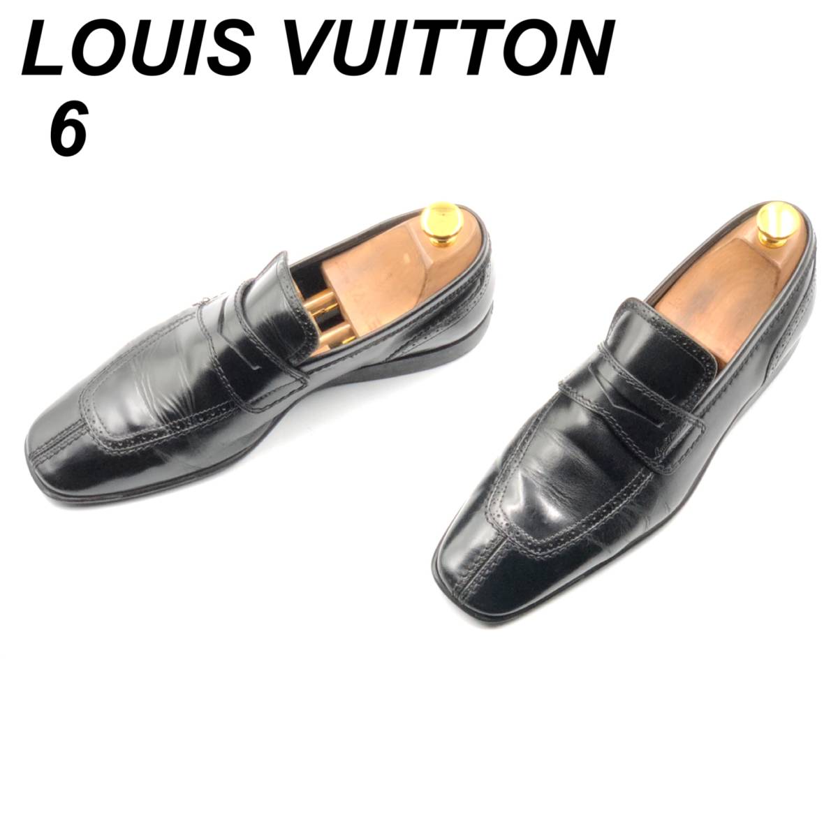 即決 Louis Vuitton ルイヴィトン 24cm 6 FD0048 メンズ レザーシューズ ローファー ハーフサドル 黒 ブラック 革靴 皮靴  ビジネスシューズ