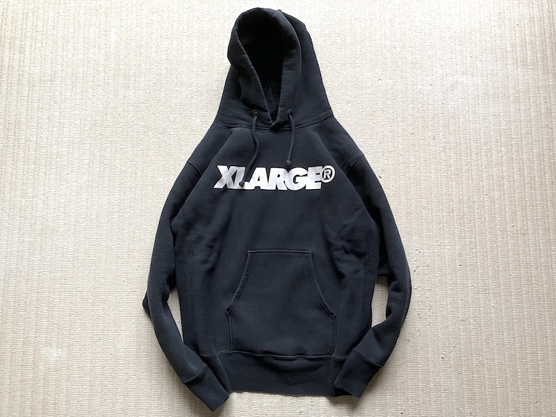 即決 XLARGE 別注 USA製 赤タグ 大きめ XLサイズ Champion REVERSE WEAVE プルオーバーパーカー 黒 ダークネイビー エクストララージ_画像1