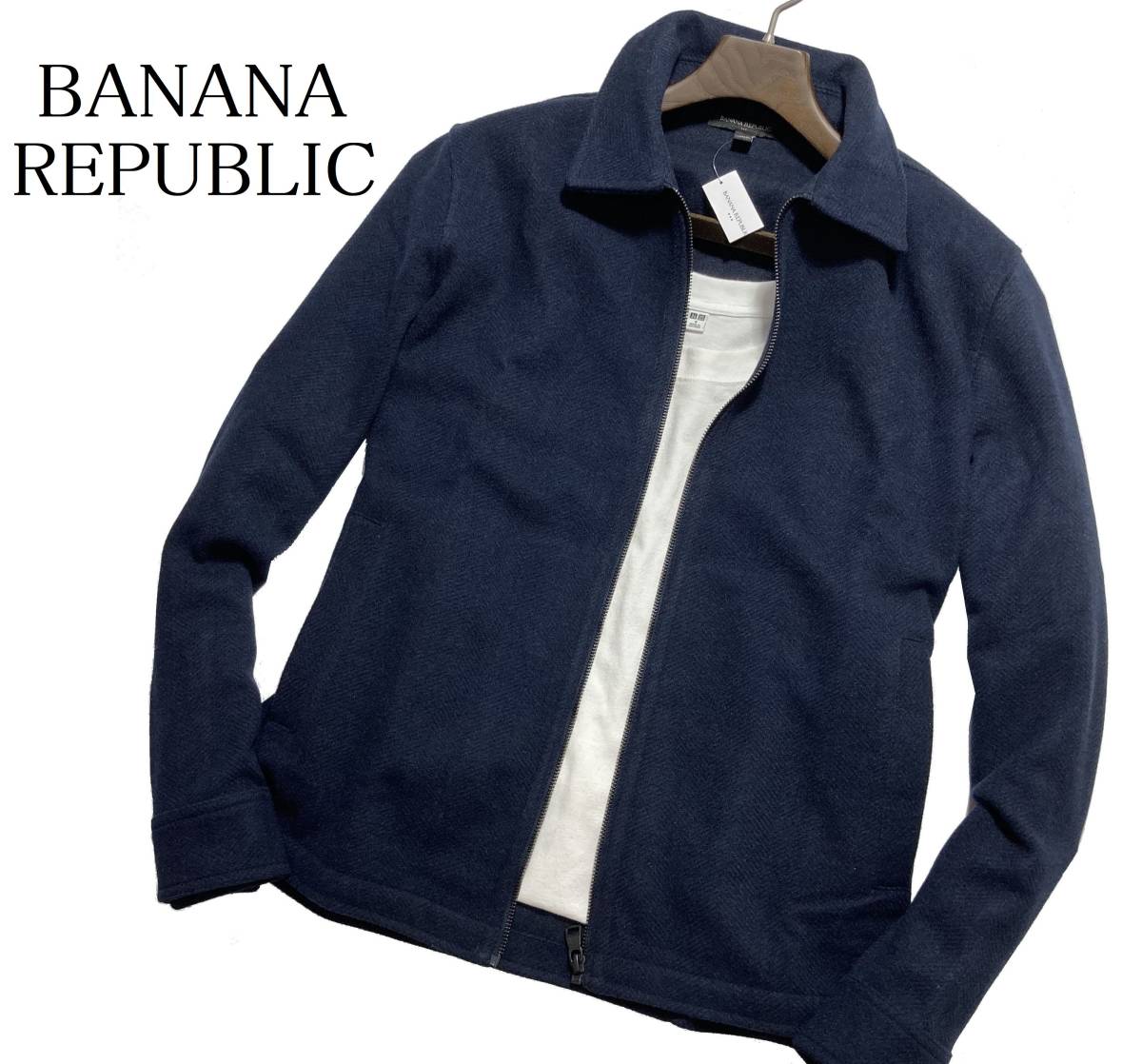 56504 新品▼バナナリパブリック　定価1.4万　ヘリンボン柄　ジップブルゾン　BANANA REPUBLIC　ネイビー(L)_画像1