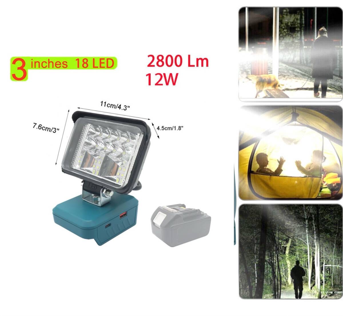 送料無料 USB・タイプCポート搭載！ 3インチ LED作業灯 マキタ 14.4~18v互換 投光器 ライト_画像1