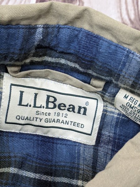 9．LLBEAN ヴィンテージ エルエルビーン 無地 裏地チェック柄 裏地ネル生地 ヘビーオンス長袖コットンシャツ メンズM ベージュ青系x303_画像5