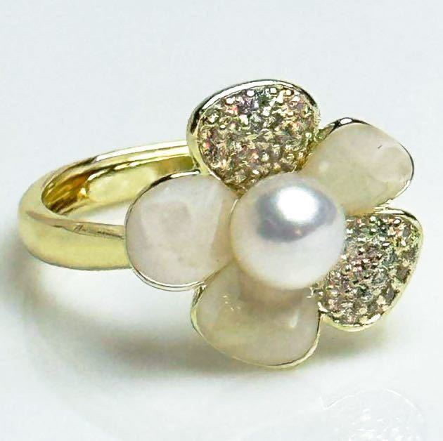 「綺麗本真珠指輪5mm お花デザイン」七宝焼き　天然パールリング　シルバーk18仕上げ_画像3