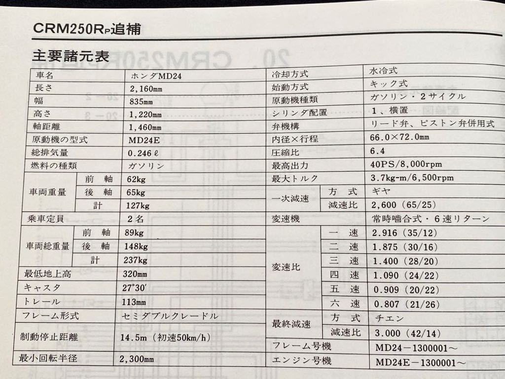 送料込み CRM250R-K,M,P,R(全モデル 追補版)サービスマニュアル MD24-100/120/130/140 MD24E-100/120/130/140 ホンダ 純正 整備書 60KAE00