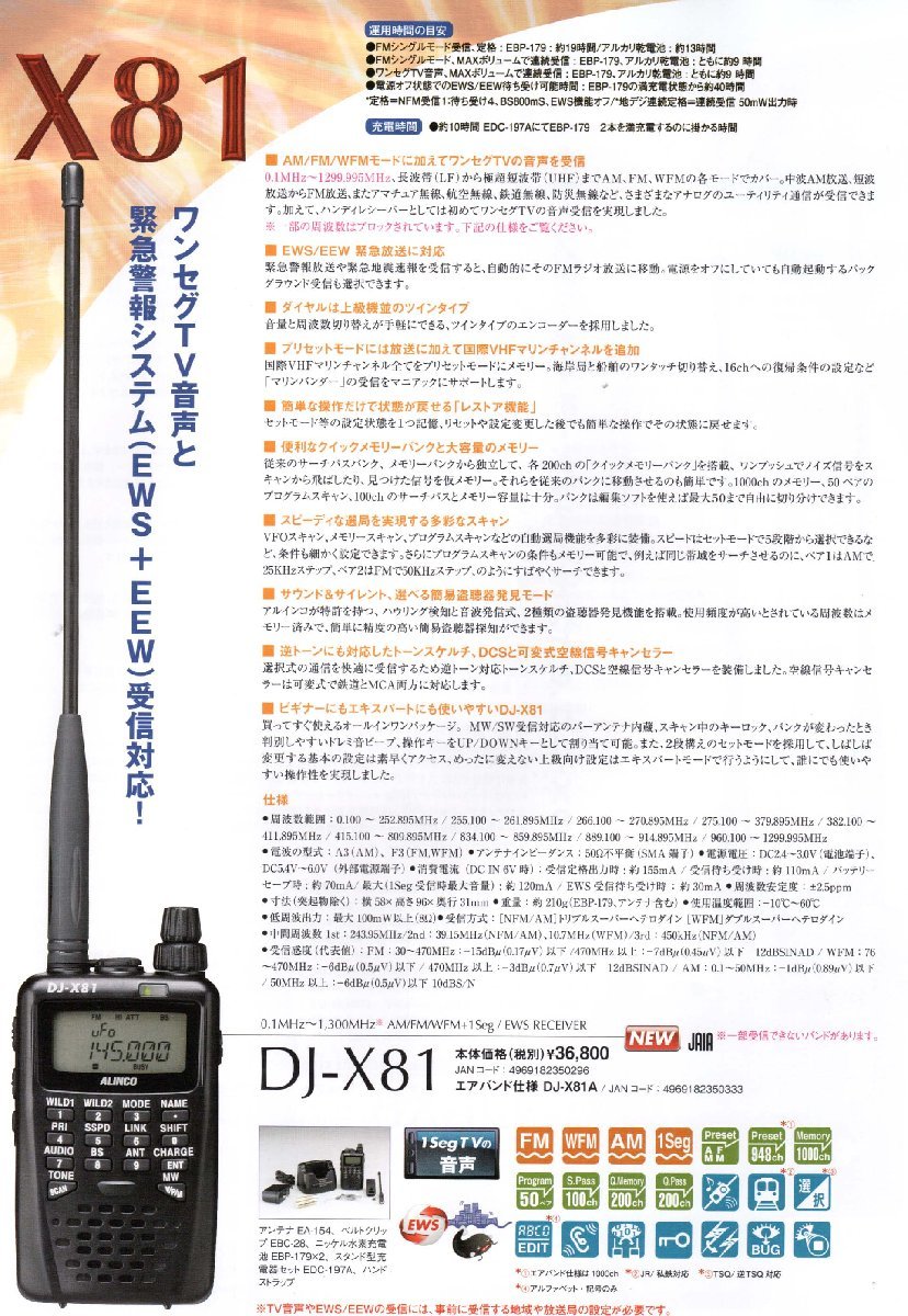 DJ-X81【ALINCO】0.1～1300MHz　ワンセグTV音声・EWS受信対応レシーバー 動作・美品・オマケ付き_画像2