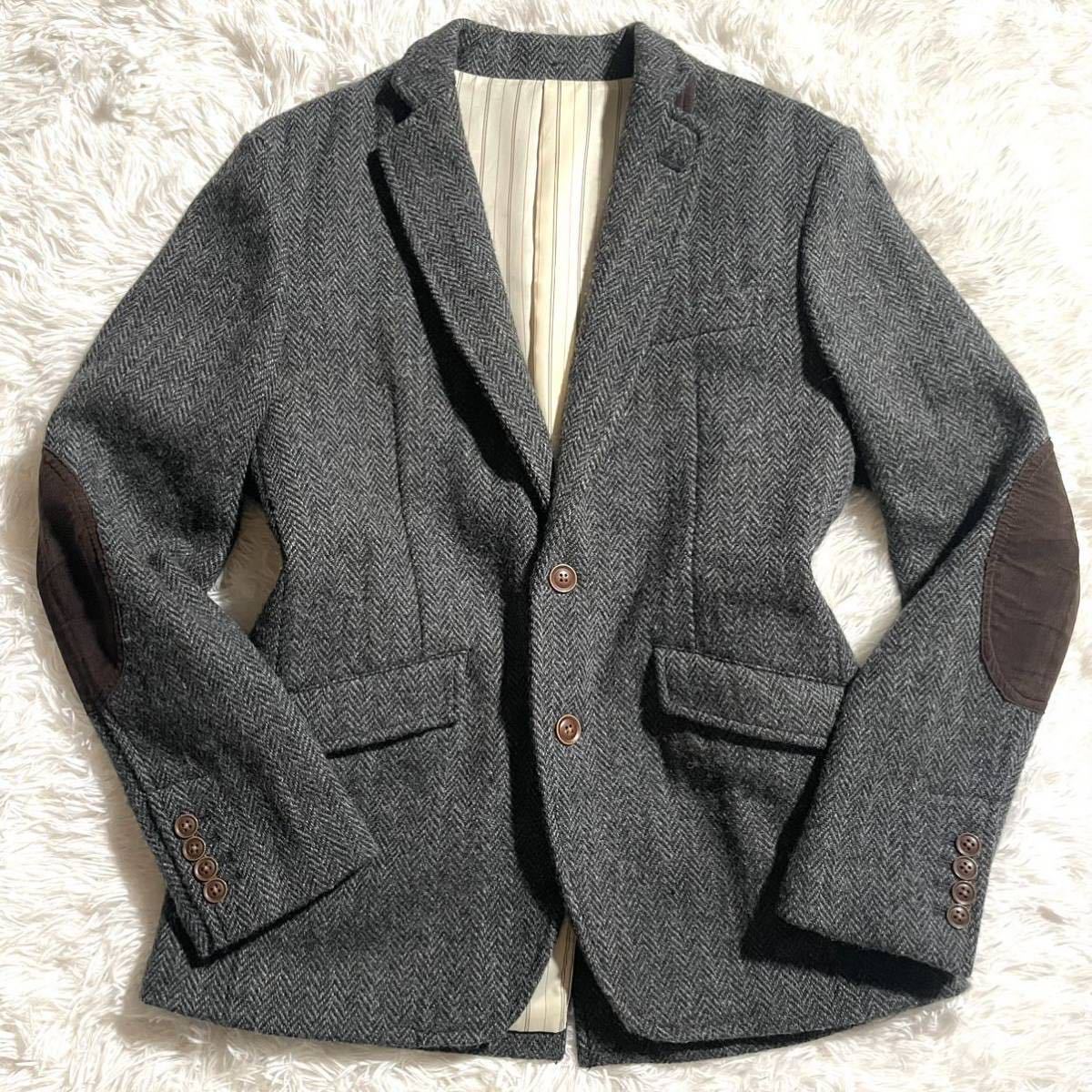 極美品/希少L!! ハリスツイード《100周年記念》Harris Tweed テーラードジャケット 黒タグ エルボーパッチ ヘリンボーン ブルー×グレー TK_画像2