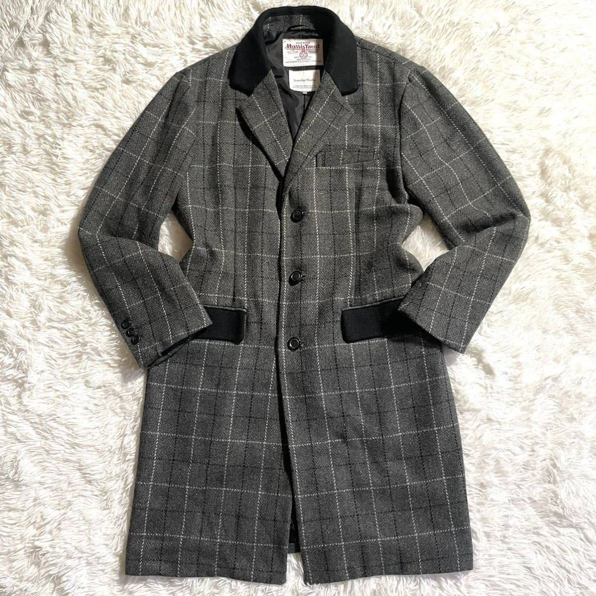 極美品/希少L!! ハリスツイード《大人のお洒落》Harris Tweed チェスターコート ロング丈 ウィンドウペン チェック柄 グレー 極上ウール◎_画像2