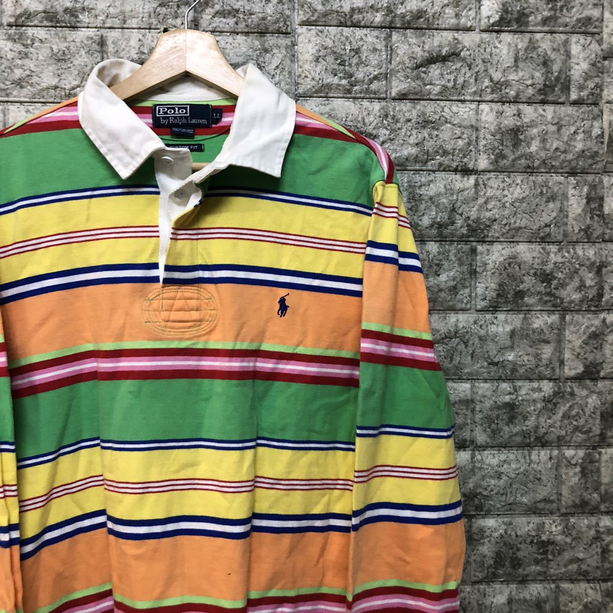 90s POLO Ralph Lauren ラガーシャツ ボーダー ラルフローレン 長袖ポロシャツ ポロシャツ Polo LAUREN カラフル メンズ XLサイズ_画像2