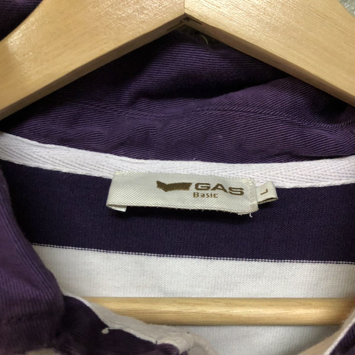 GAS gas border polo-shirt with long sleeves Rugger shirt polo-shirt with long sleeves old clothes purple white two-tone long sleeve cut and sewn Ralph Lauren L size 