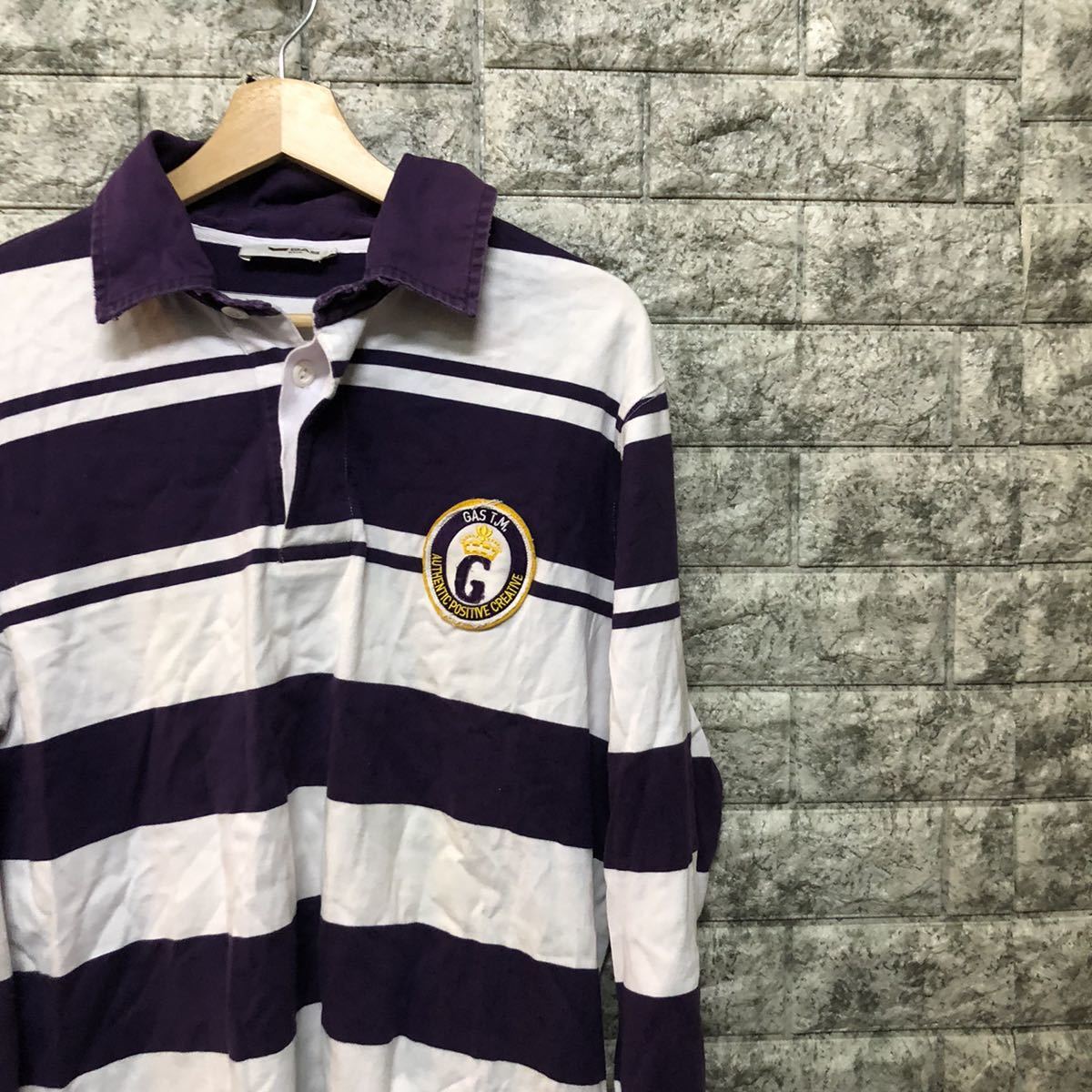 GAS gas border polo-shirt with long sleeves Rugger shirt polo-shirt with long sleeves old clothes purple white two-tone long sleeve cut and sewn Ralph Lauren L size 