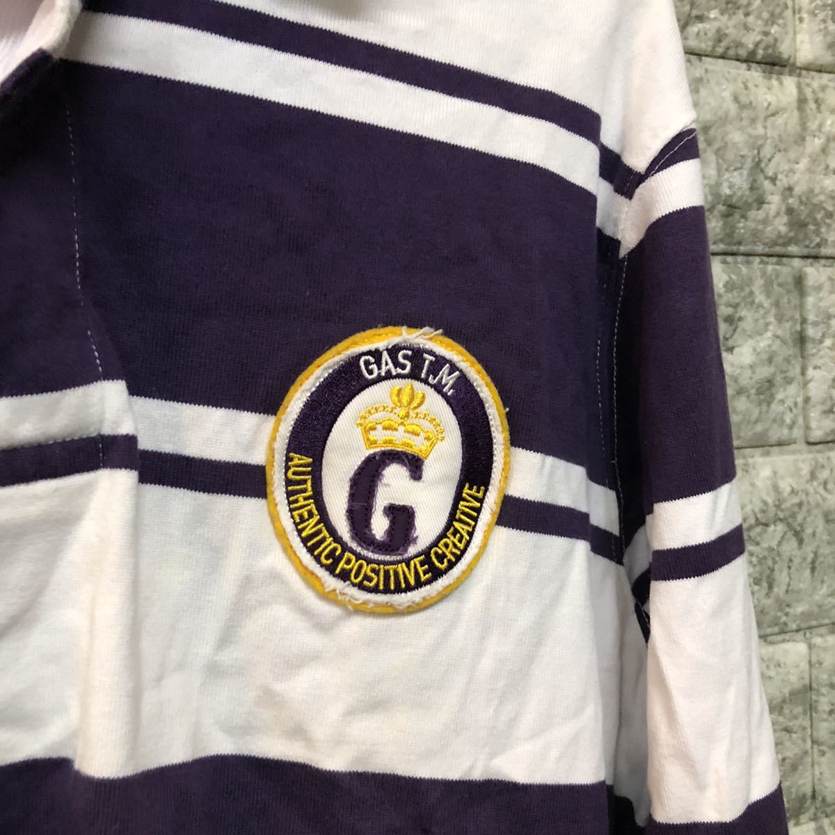 GAS gas border polo-shirt with long sleeves Rugger shirt polo-shirt with long sleeves old clothes purple white two-tone long sleeve cut and sewn Ralph Lauren L size 
