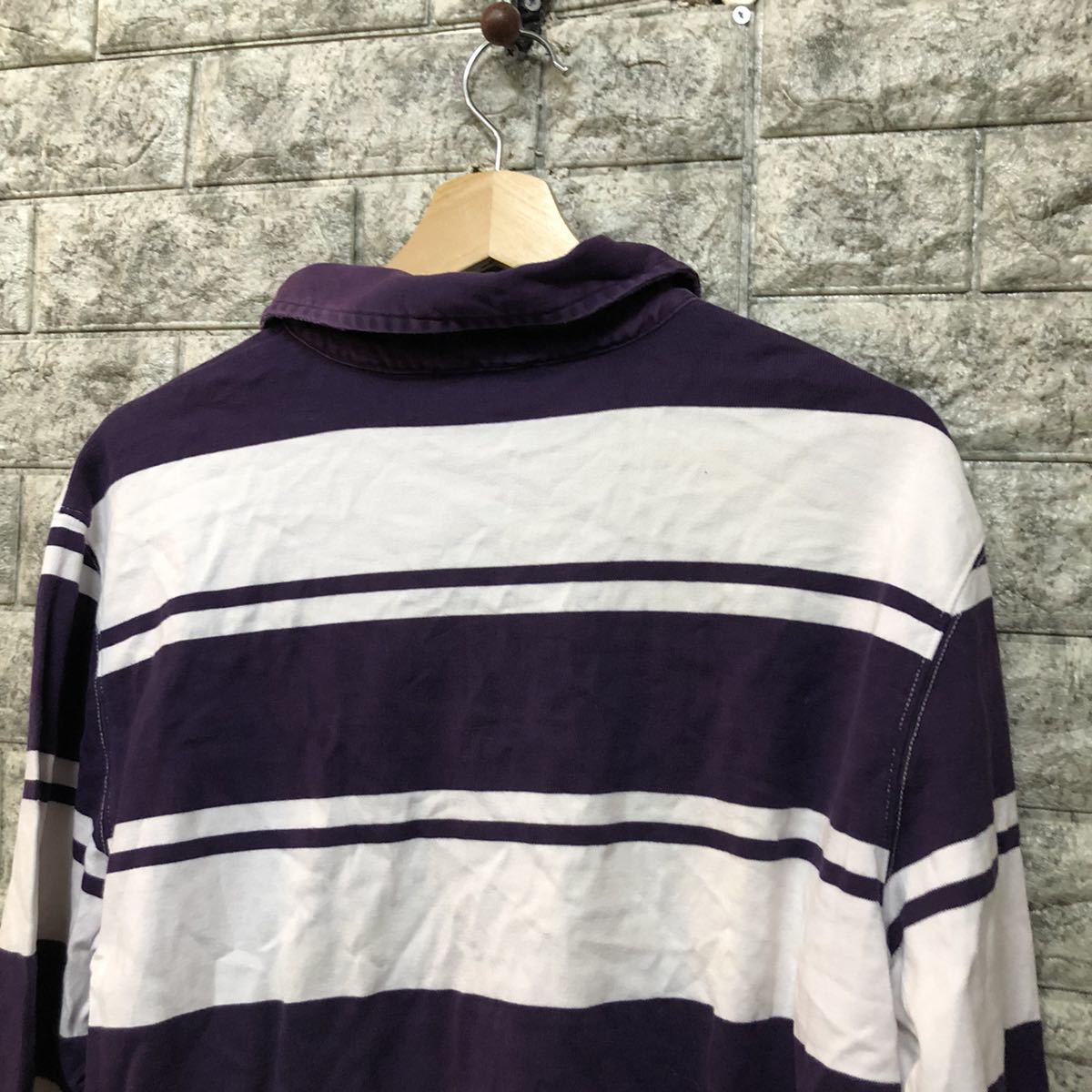 GAS gas border polo-shirt with long sleeves Rugger shirt polo-shirt with long sleeves old clothes purple white two-tone long sleeve cut and sewn Ralph Lauren L size 