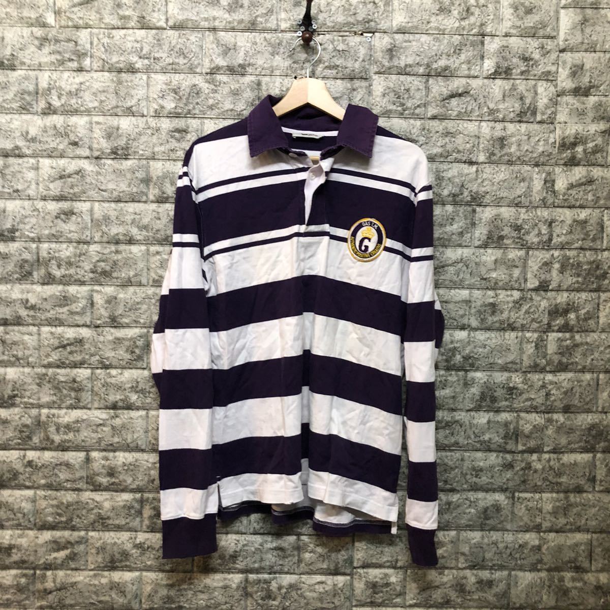 GAS gas border polo-shirt with long sleeves Rugger shirt polo-shirt with long sleeves old clothes purple white two-tone long sleeve cut and sewn Ralph Lauren L size 