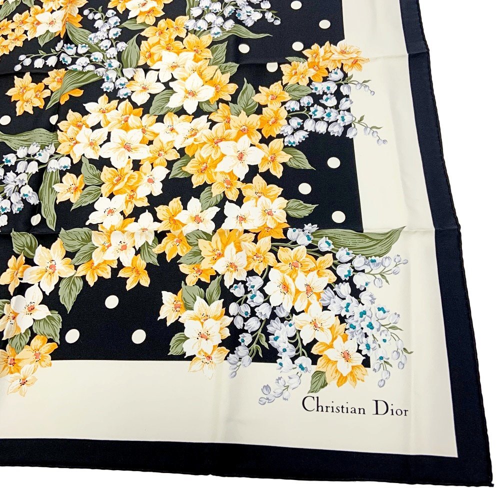 【箱付き】 Christian Dior クリスチャンディオール シルク フラワー スカーフ レディース ブラック ホワイト 208529 スカーフ_画像4