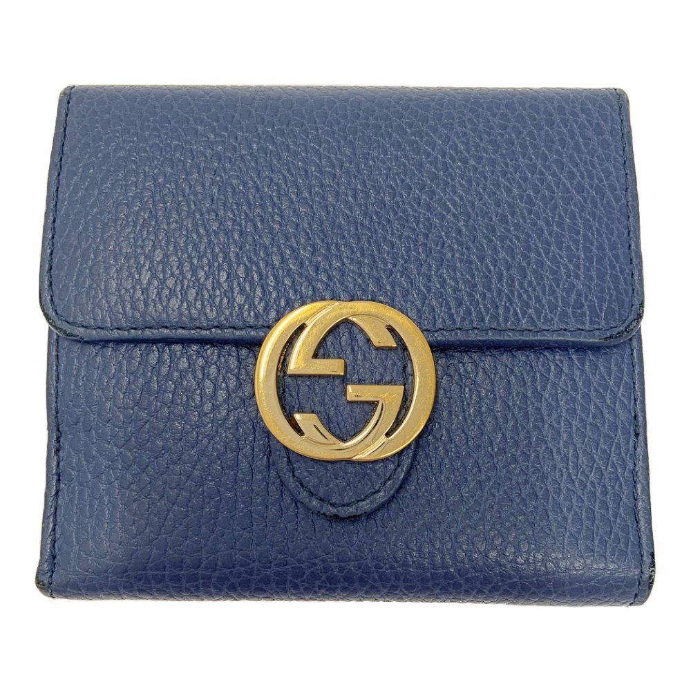 【箱付き】 GUCCI グッチ 615525・1147 レザー インターロッキングG 二つ折り財布 ブルー 208538 二つ折り財布