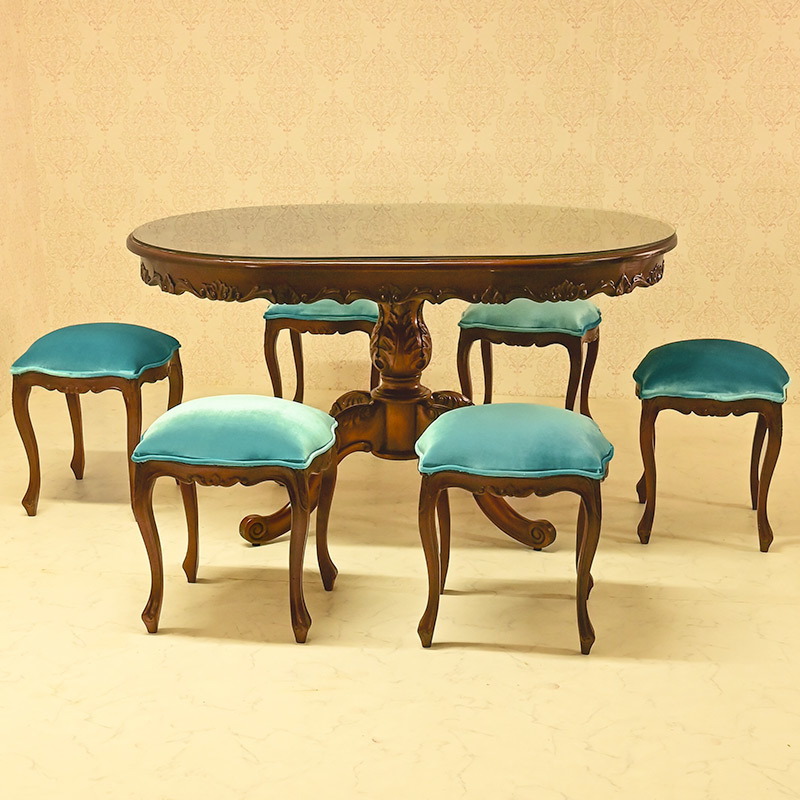 marrone 楕円　ダイニングテーブル+スツール6脚セット 食卓机+スツール6脚セット 135cm花柄 マホガニー材使用　モケットブルー
