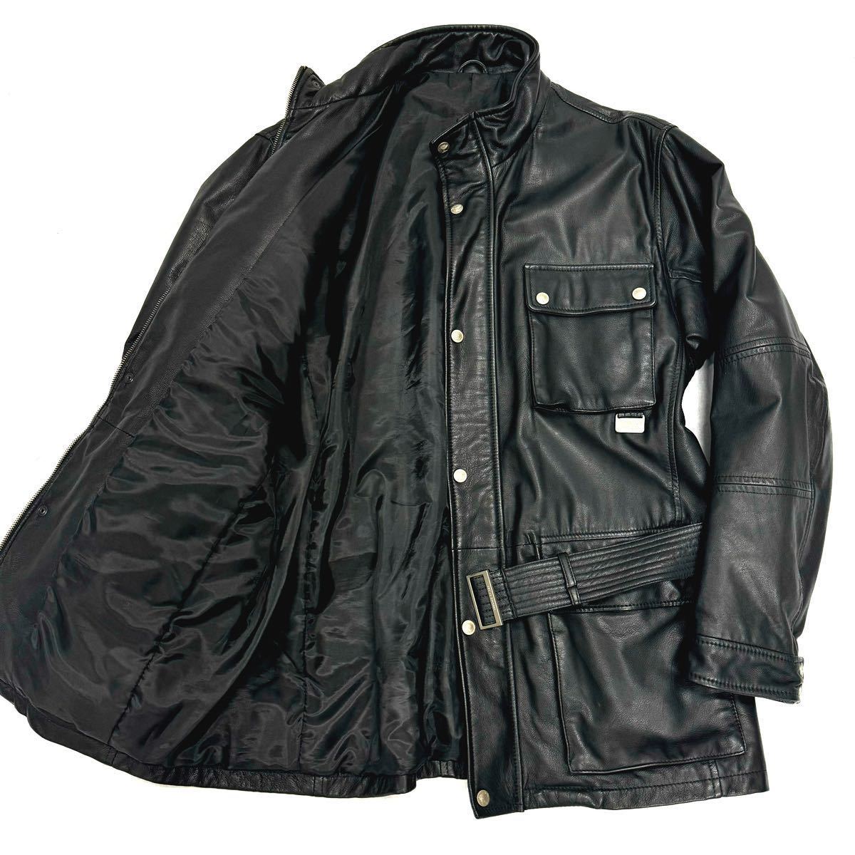 最高級 ヴェルサーチ VERSACE SPORT レザージャケット コート ベルト付き 黒 ブラック LL相当 メンズ イタリア製 ヴィンテージ d28_画像1