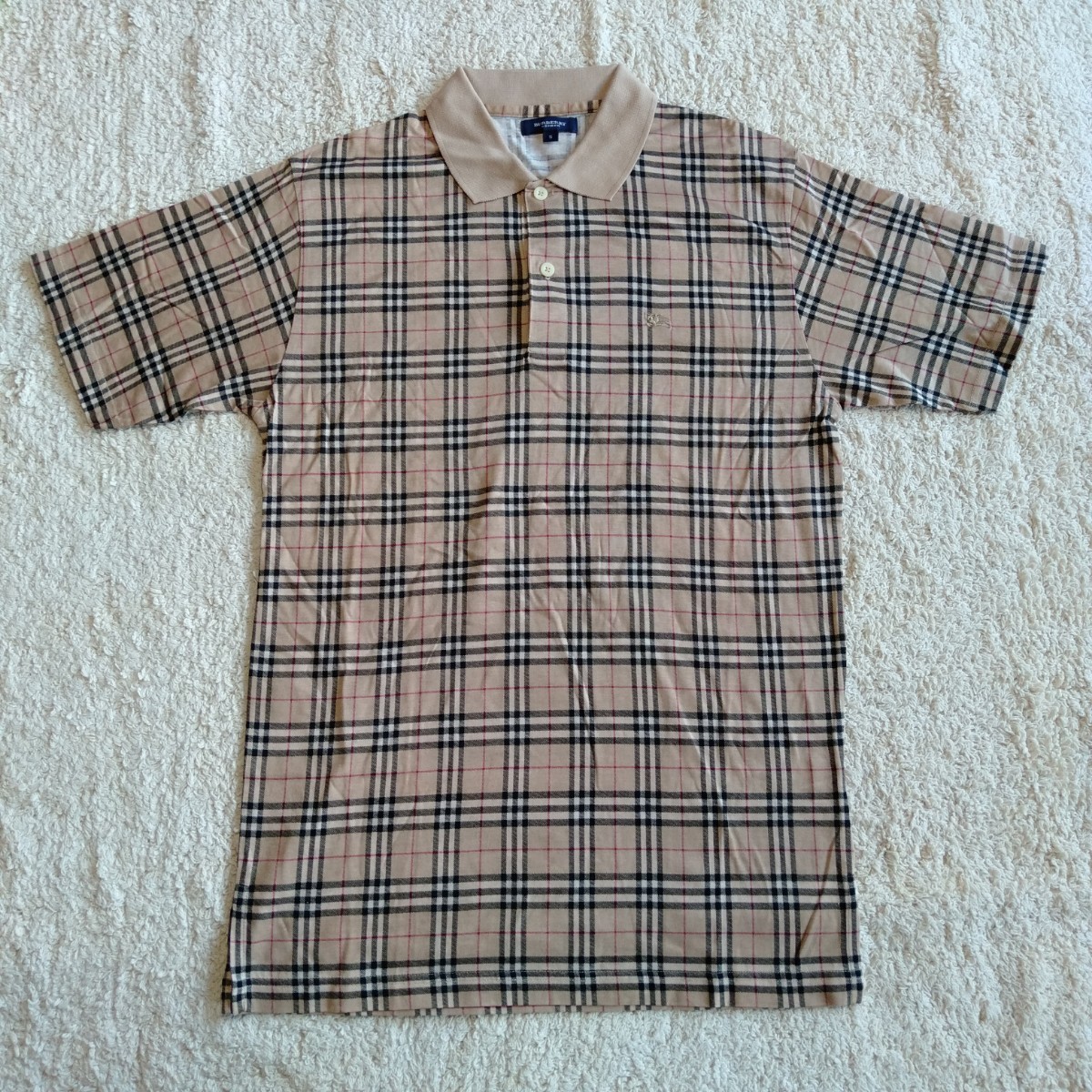 む090 BURBERRY LONDON サイズS 半袖ポロシャツ コットン100% 洋服 バーバリーチェック ノバチェック 柄 ベージュ_画像1