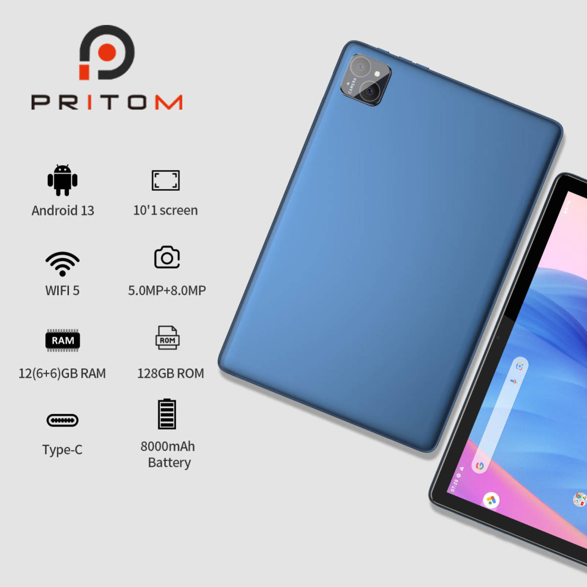 PRITOM タブレット10インチ Android13 12+128GB 保護フィルム カバー付き ポイント 1280*800 8.0+5.0MP 8000mAh SDカード SIMカード 5G_画像2