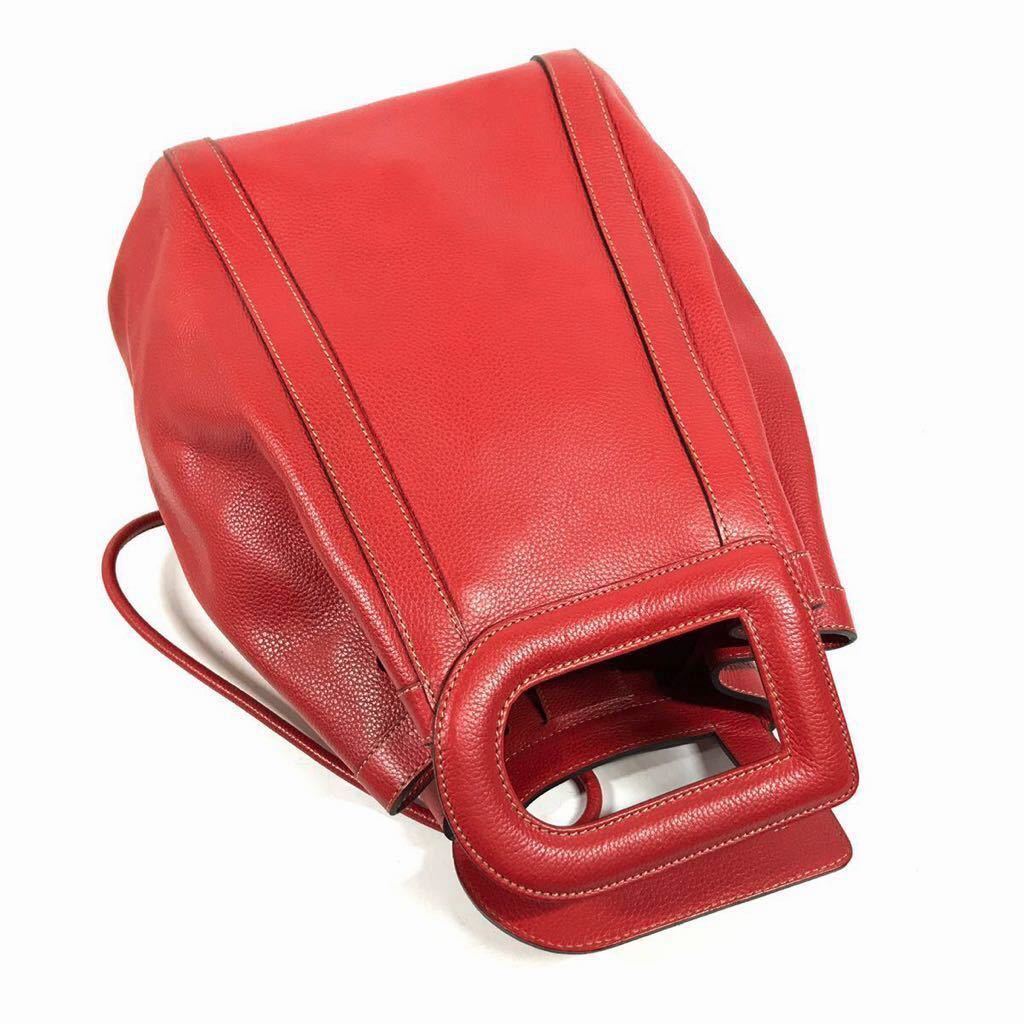 【デルヴォー】本物 DELVAUX ハンドバッグ Dハンドル 巾着口 ミニトートバッグ 赤色系 ミラー付 本革 レザー メンズ レディース フランス製_画像5