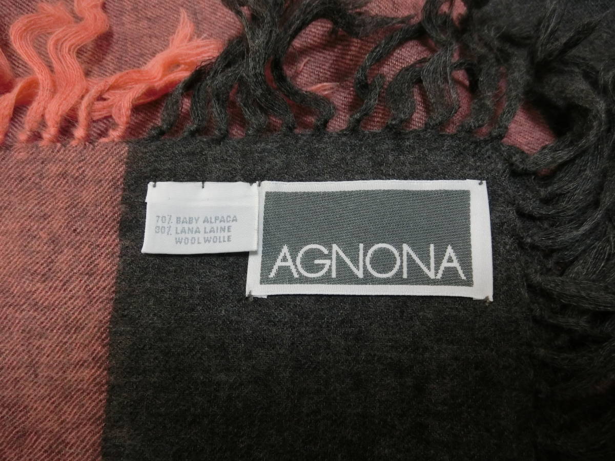 AGNONA アニオナ ストール マフラー アルパカ ウール サーモンピンク/グレー 大判 美品_画像3