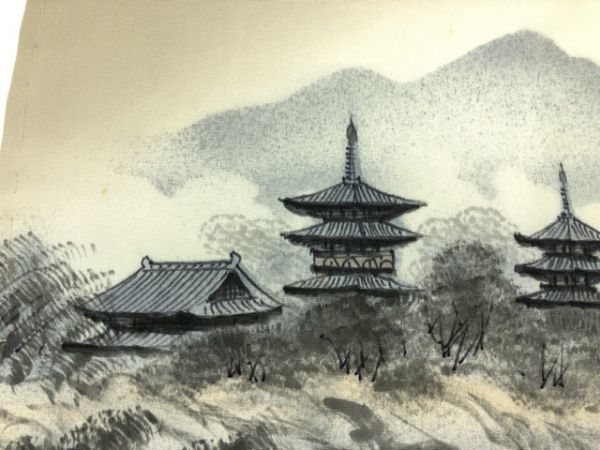 ys6680571; 手描き寺院風景模様名古屋帯【アンティーク】【着】_画像5