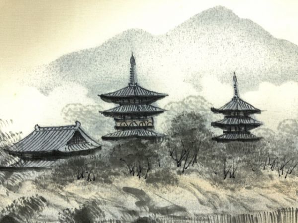 ys6680571; 手描き寺院風景模様名古屋帯【アンティーク】【着】_画像1