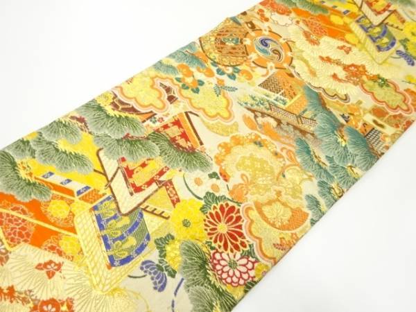 ys6869942; 御所車に松・菊・鼓模様織出し丸帯（着用可）【アンティーク】【着】_画像10