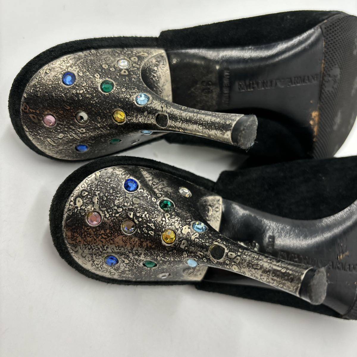 C * Italy made \' feeling of luxury overflow \' EMPORIO ARMANI Emporio Armani original leather rhinestone equipment ornament mules / heel sandals EU36 22.5cm