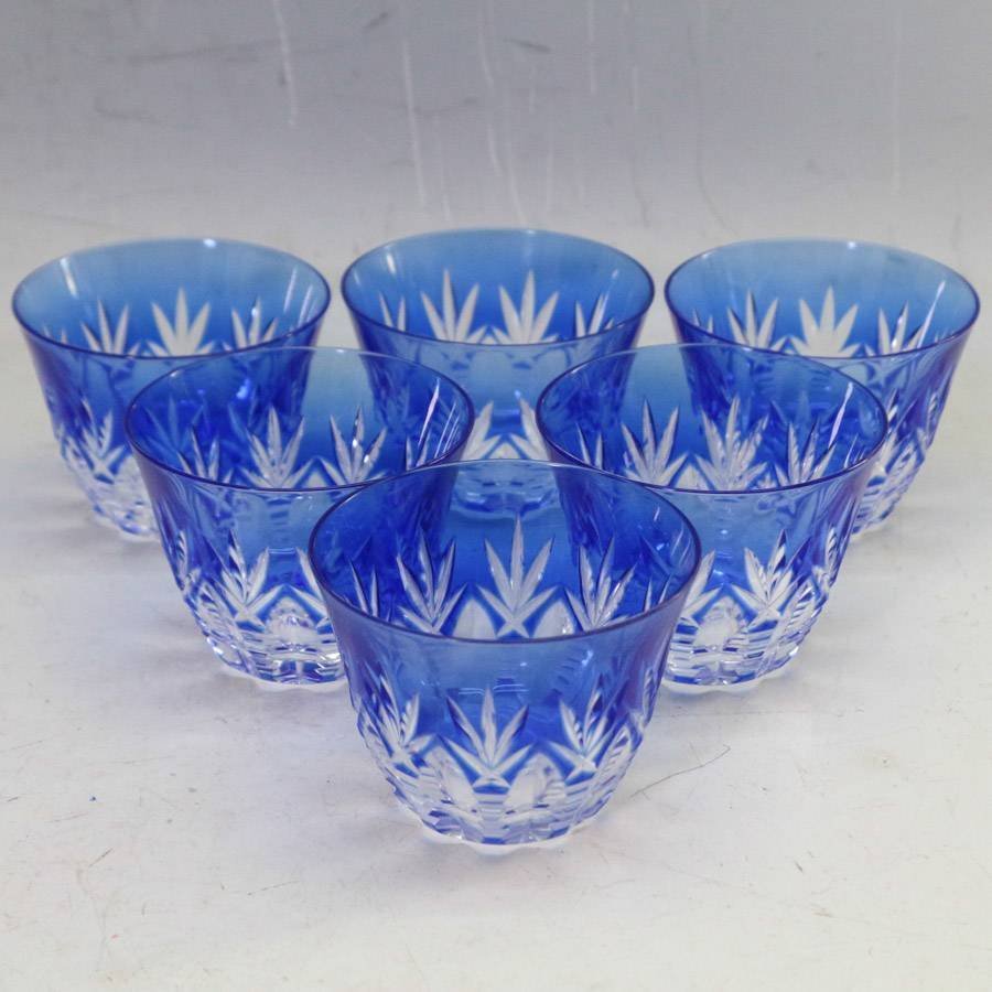HOYA クリスタルガラス 青色被せ 冷茶グラス7客セット ◆715f11_画像1