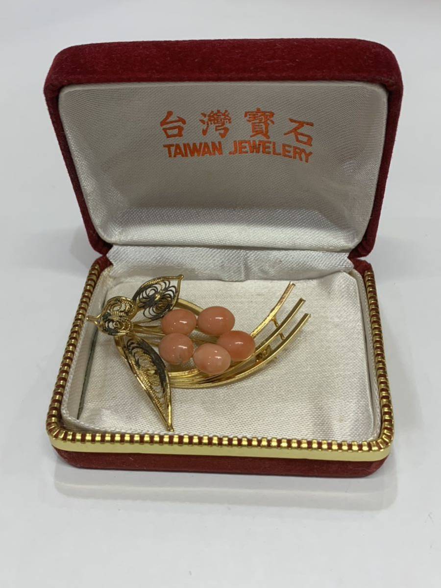 フラワーブローチ 台湾宝石 TAIWAN JEWELERY ピンクストーン ゴールド_画像1