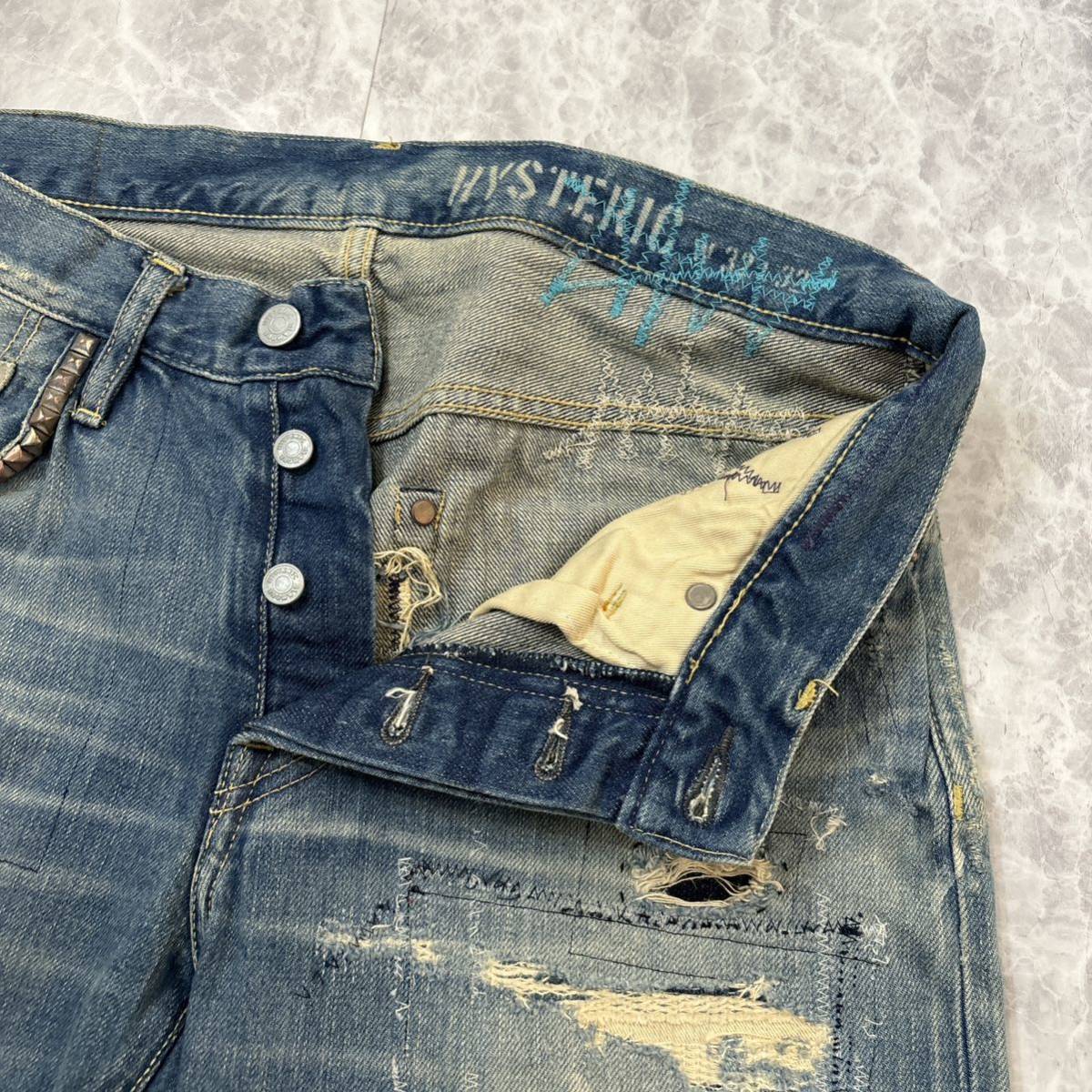 C ＊ 日本製 HYSTERIC GLAMOUR ヒステリックグラマー 隠しリベット STRAIGHT リペア ダメージ加工 デニムパンツ / ジーンズ W32 L32_画像6