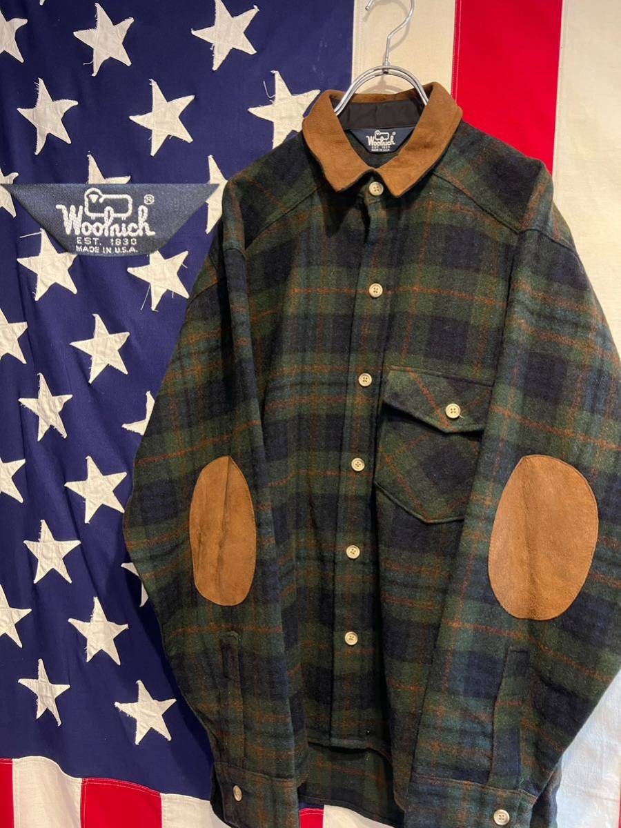 ★Woolrich★ウールリッチ★80s★USA製★ウール×スエード★チェックシャツ★長袖★エルボーパッチ★XLサイズ相当★ヴィンテージ★_画像1