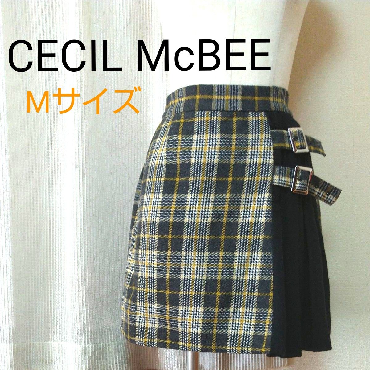 ★CECIL McBEE★チェック サイドプリーツ ミニスカート Mサイズ セシルマクビー ブラック×マスタード タータンチェック