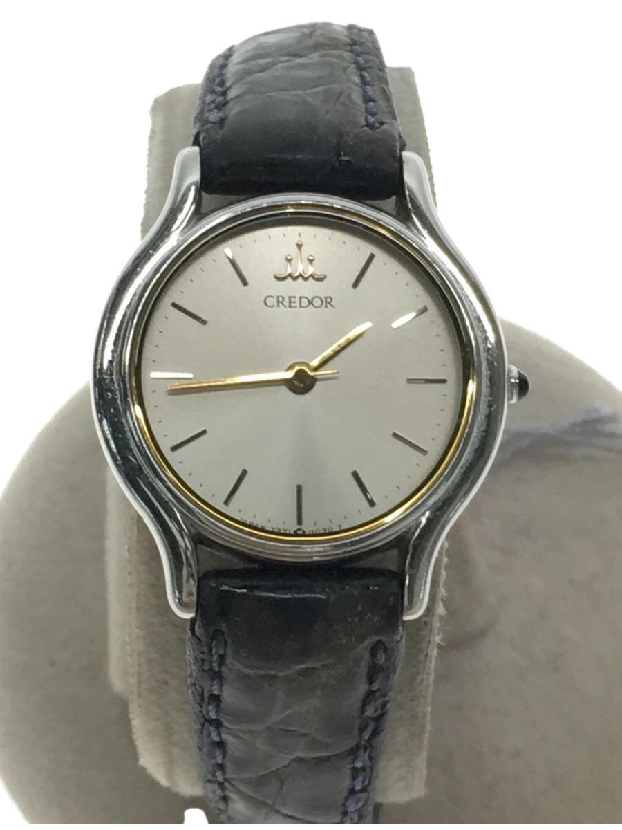 CREDOR◆SEIKO/1992/クォーツ腕時計/アナログ/レザー/SLV/ブラック/7371-0020_画像1