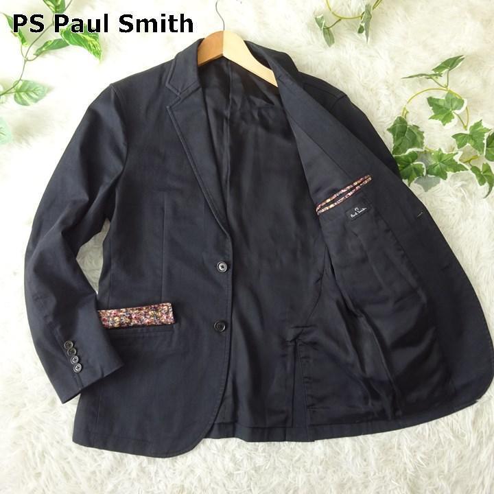 PS Paul Smith　ポールスミス　コットン　テーラードジャケット　2B　2ボタン　花柄　ストレッチ　L　サイドベンド　黒　ブラック
