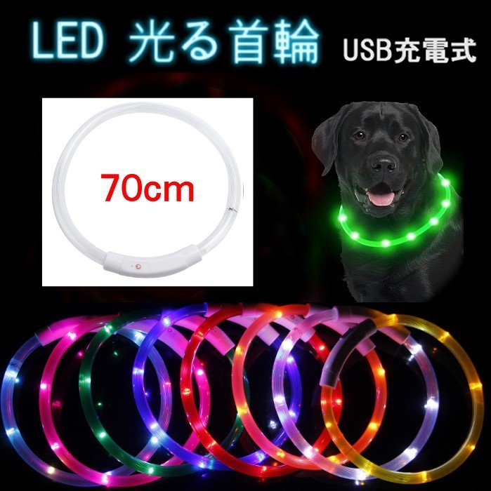 【vaps_3】LED 光る首輪 《ホワイト 70cm》 USB充電式 ペット用 犬 猫 散歩 点滅 リード 安全 事故防止 小型犬 中型犬 大型犬 送込_画像1