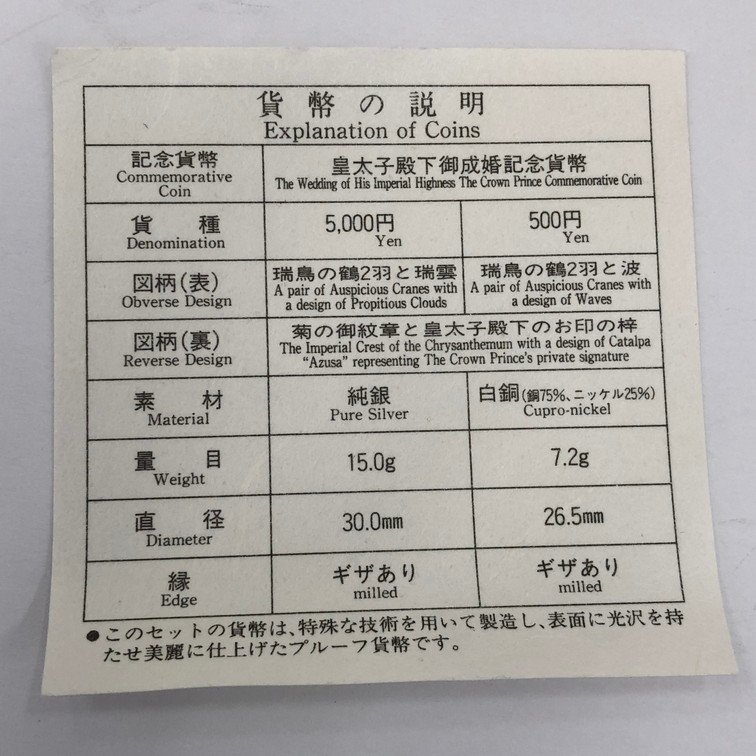 皇太子殿下御成婚記念 貨幣セット SV1000 純銀 5000円銀貨 15.0g / 500円硬貨 ケース付き【BKAH6007】_画像9