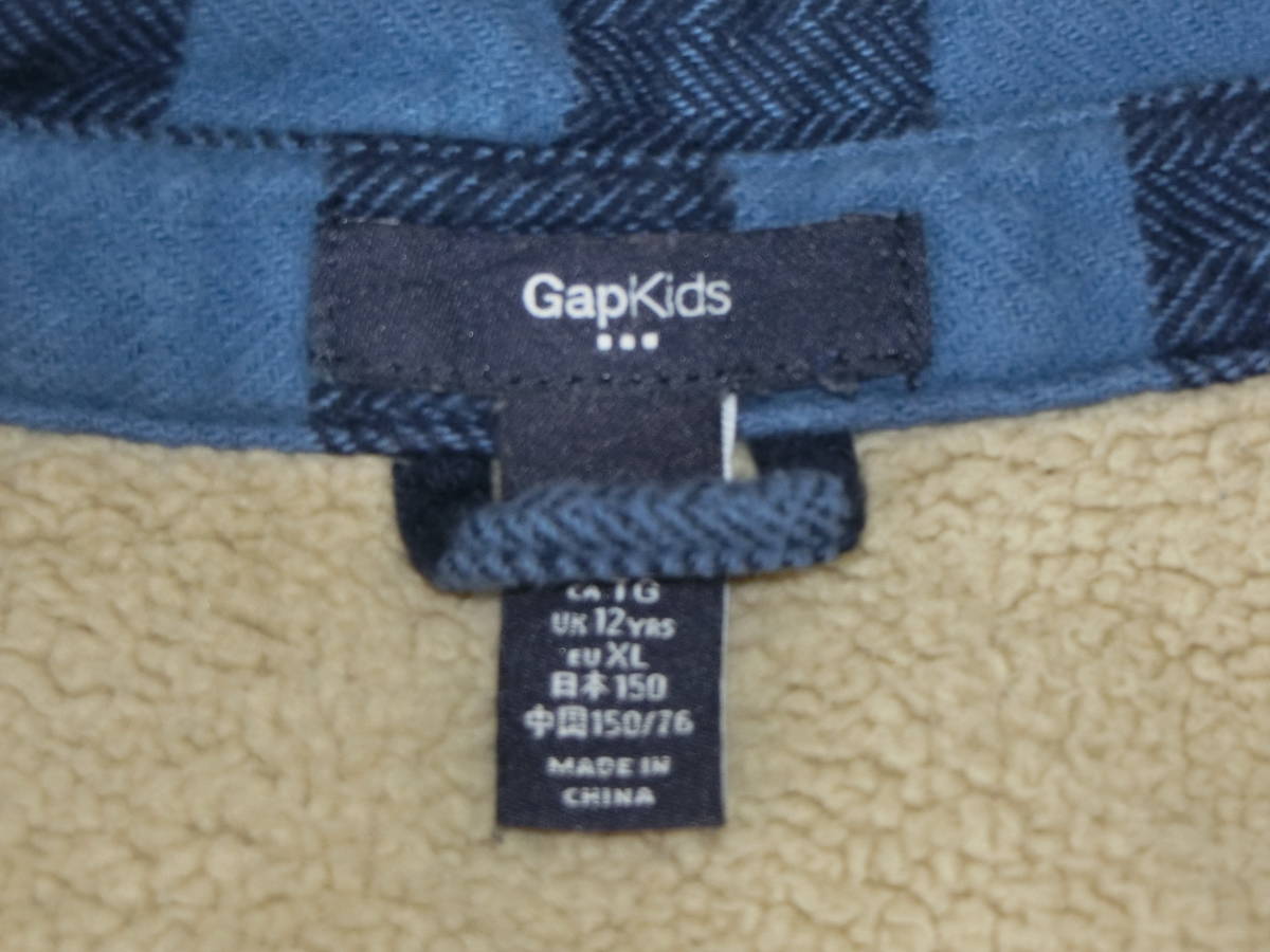 GAP　青×紺チェック　裏地ボア付き　ネルシャツブルゾン　150_画像3