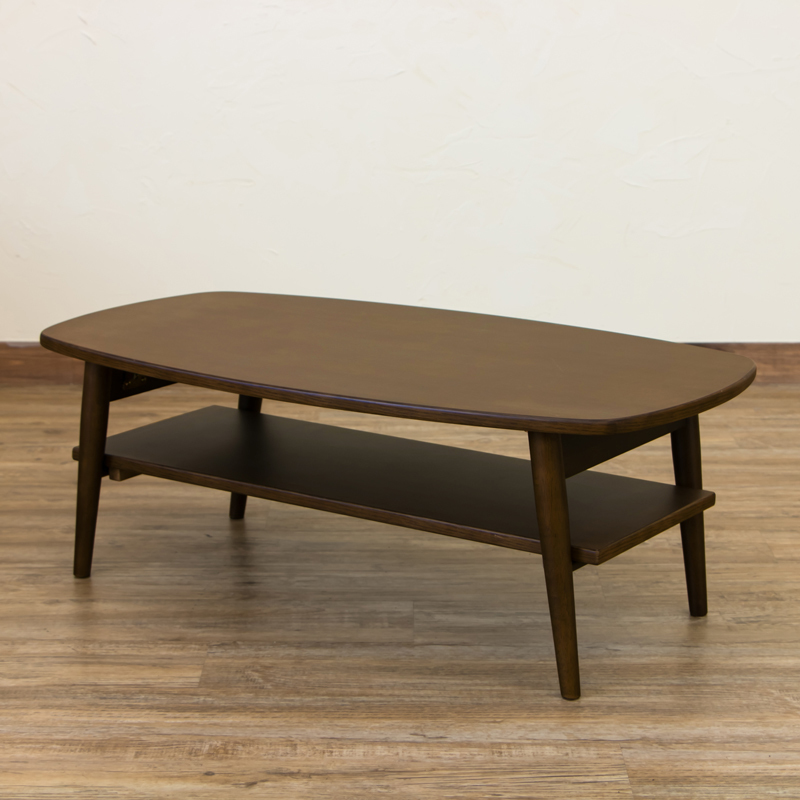 折りたたみテーブル 90cm幅 棚付き センターテーブル 楕円 オーバル型 木製 ローテーブル VTM-02 ダークブラウン(DBR)_画像1