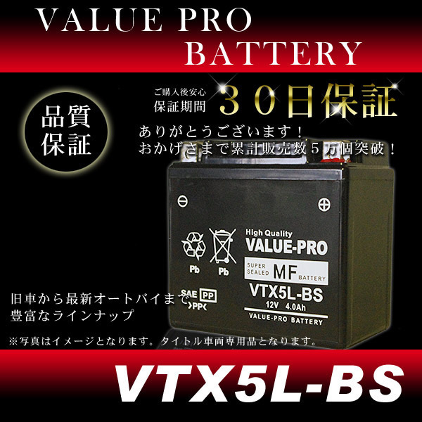 VTX5L-BS 即用バッテリー ValuePro / 互換 YTX5L-BS FTR223 SL230 NSR125 NS250R NS400R RGV250-3 RG400ガンマ RG500ガンマの画像2