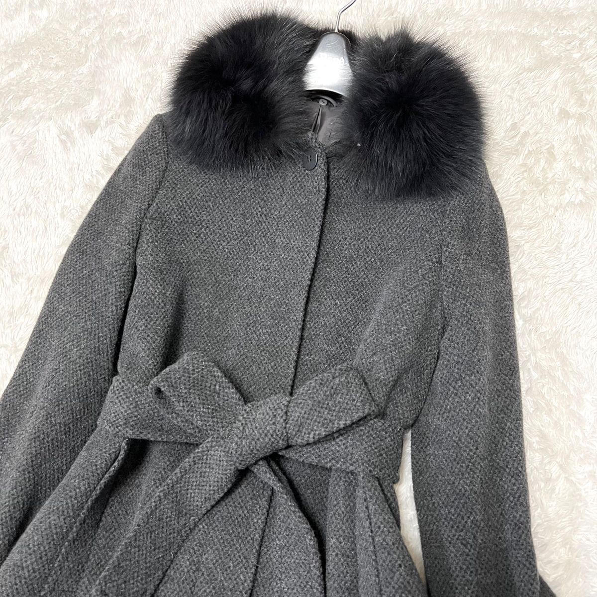 ソフール 羊毛×アンゴラ ロングコート ブルーフォックスファー グレー