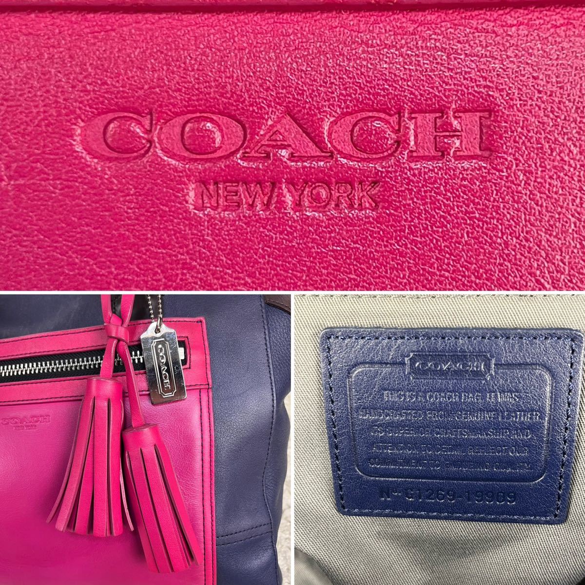 美品 コーチ COACH タッセル チャーム ロゴ トートバッグ 肩掛け ハンドトリコロールカラー A4◎ ビジネス メンズ レディース レザー 紺 茶_画像9