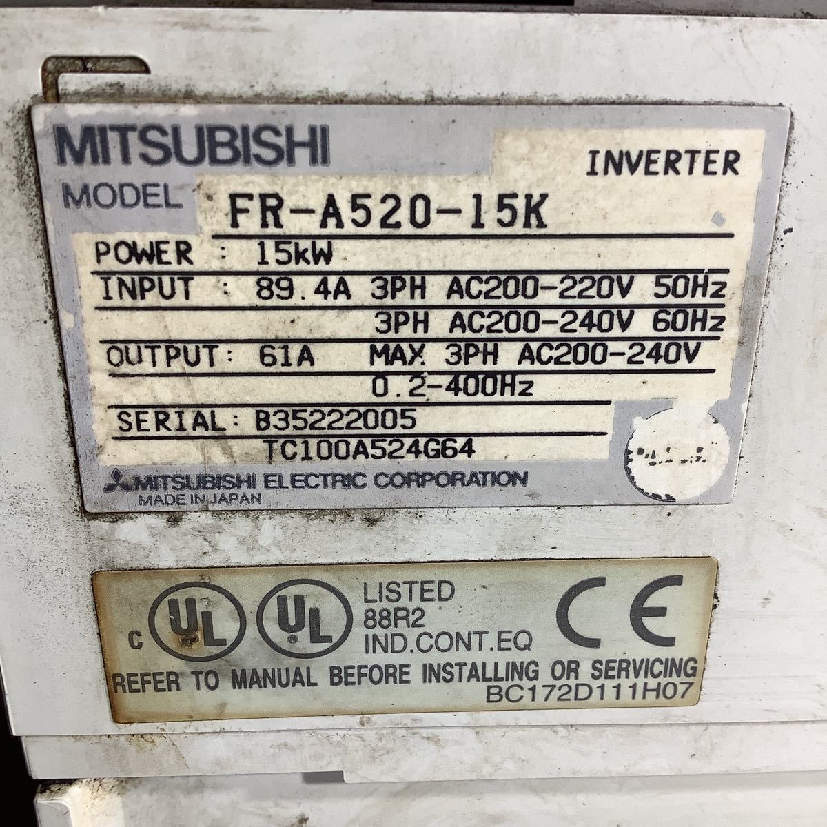三菱電機 インバーター A500シリーズ FR ー A520ー15k 中古品動作未確認生産_画像3