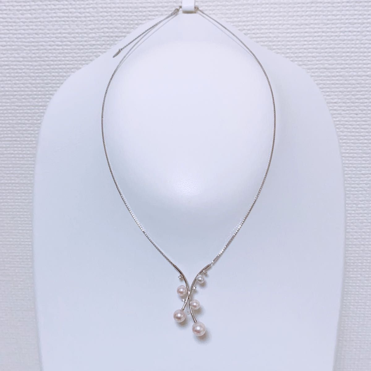 【1804】アコヤ真珠　デザインネックレス　天然ダイヤ　K18WG あこや真珠