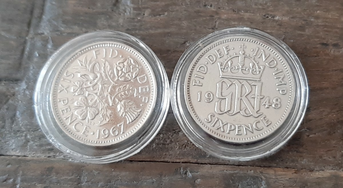 エリザベス女王&ジョージ王のヴィンテージウェディングコイン 英国6ペンス 2個セットイギリス 英国ラッキー6ペンス ミニバッグ付き_画像6
