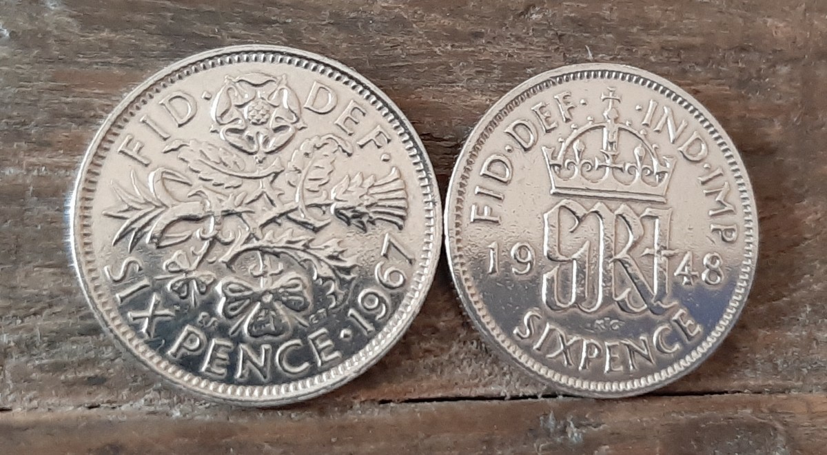 エリザベス女王&ジョージ王のヴィンテージウェディングコイン 英国6ペンス 2個セットイギリス 英国ラッキー6ペンス ミニバッグ付き_画像7