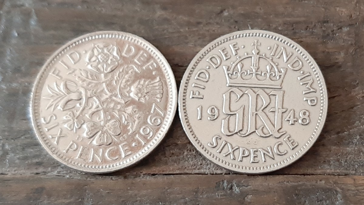 エリザベス女王&ジョージ王のヴィンテージウェディングコイン 英国6ペンス 2個セットイギリス 英国ラッキー6ペンス ミニバッグ付き_画像9
