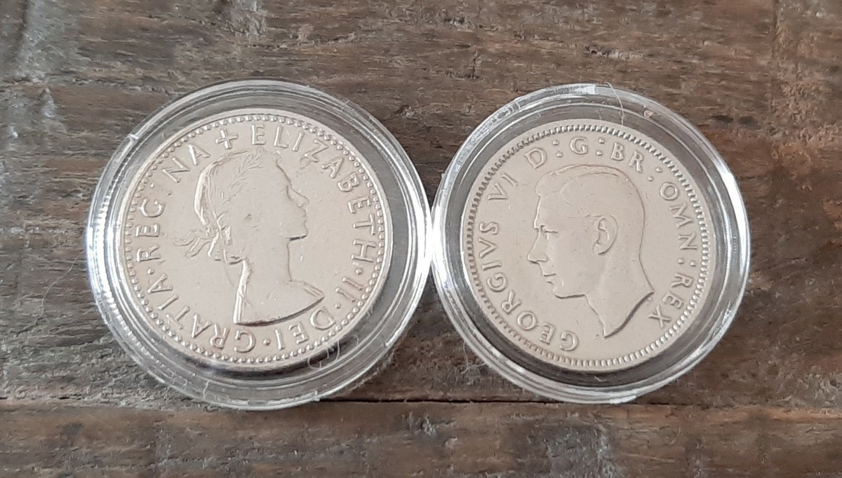エリザベス女王&ジョージ王のヴィンテージウェディングコイン 英国6ペンス 2個セットイギリス 英国ラッキー6ペンス ミニバッグ付き_画像5