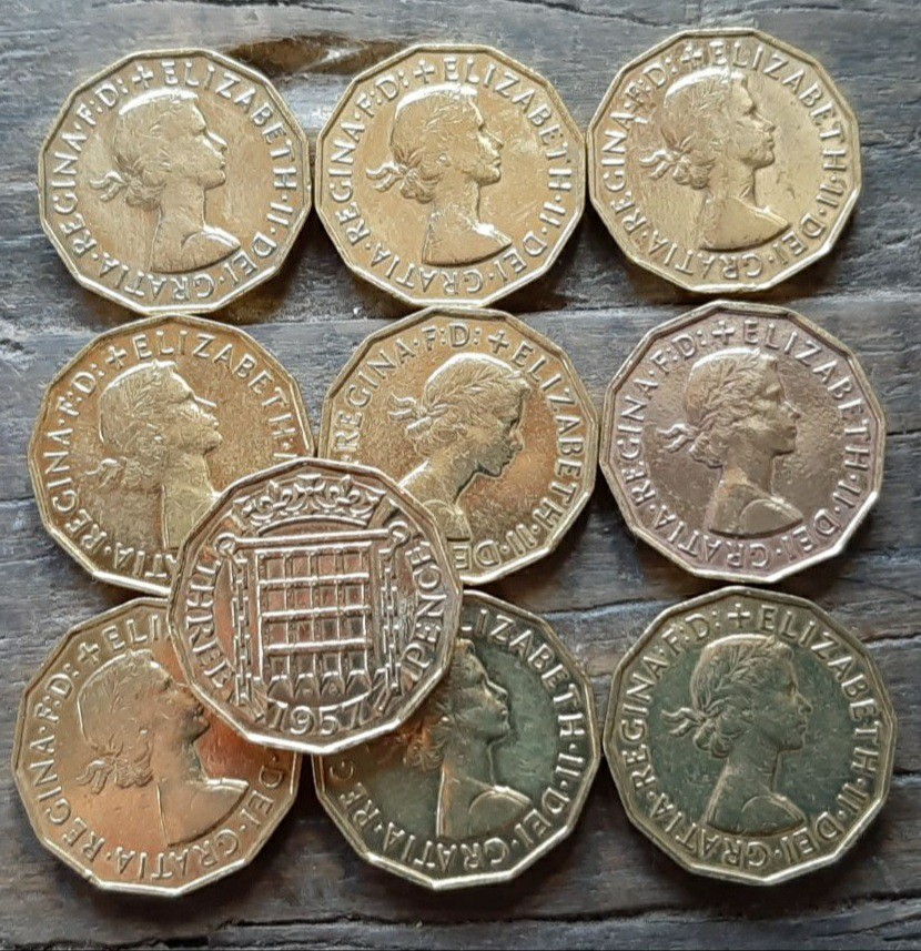 1953年~1967年英国3ペニーコイン 10枚イギリス3ペンスブラス美物エリザベス女王21mm x 2.5mm6.8gブリティッシュ本物古銭_画像1
